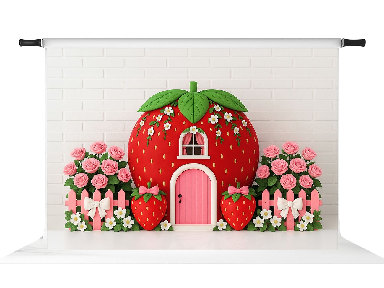 Kate Cake Smash Erdbeerhaus Floraler Fotohintergrund für Babygeburtstage und Kinderstudio-Setups