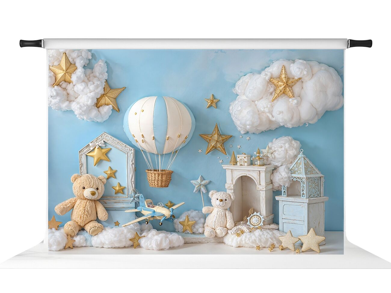 Kate Blau Heißluftballon Flugzeug Teddybär Wolke Kuchen Smash Fotografie Kulisse für Baby Geburtstag Studio Setup