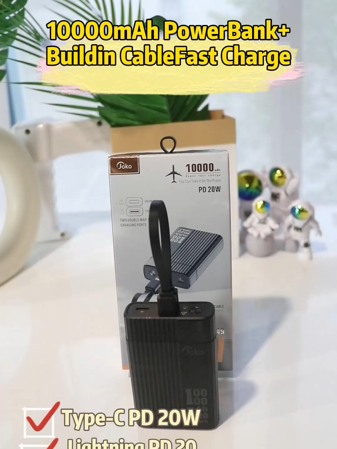 JOKO Nouvelle Banque d'alimentation 10000mAh Charge Rapide 20W avec Câble Intégré, Câble Amovible Bidirectionnel, Support de Charge Bidirectionnelle