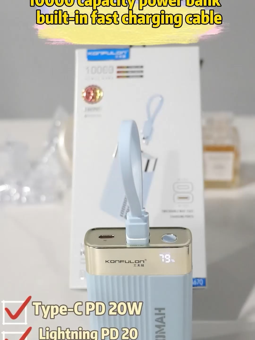 KONFULON Nouvelle Banque d'alimentation 10000mAh 20W Charge Rapide avec Câble Intégré et Câble Amovible Bidirectionnel Supportant la Charge Bidirectionnelle