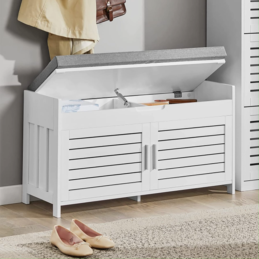 Meuble d'entrée Banc à Chaussures en Bois avec Coussin Finition Blanche pour Salon en Gros