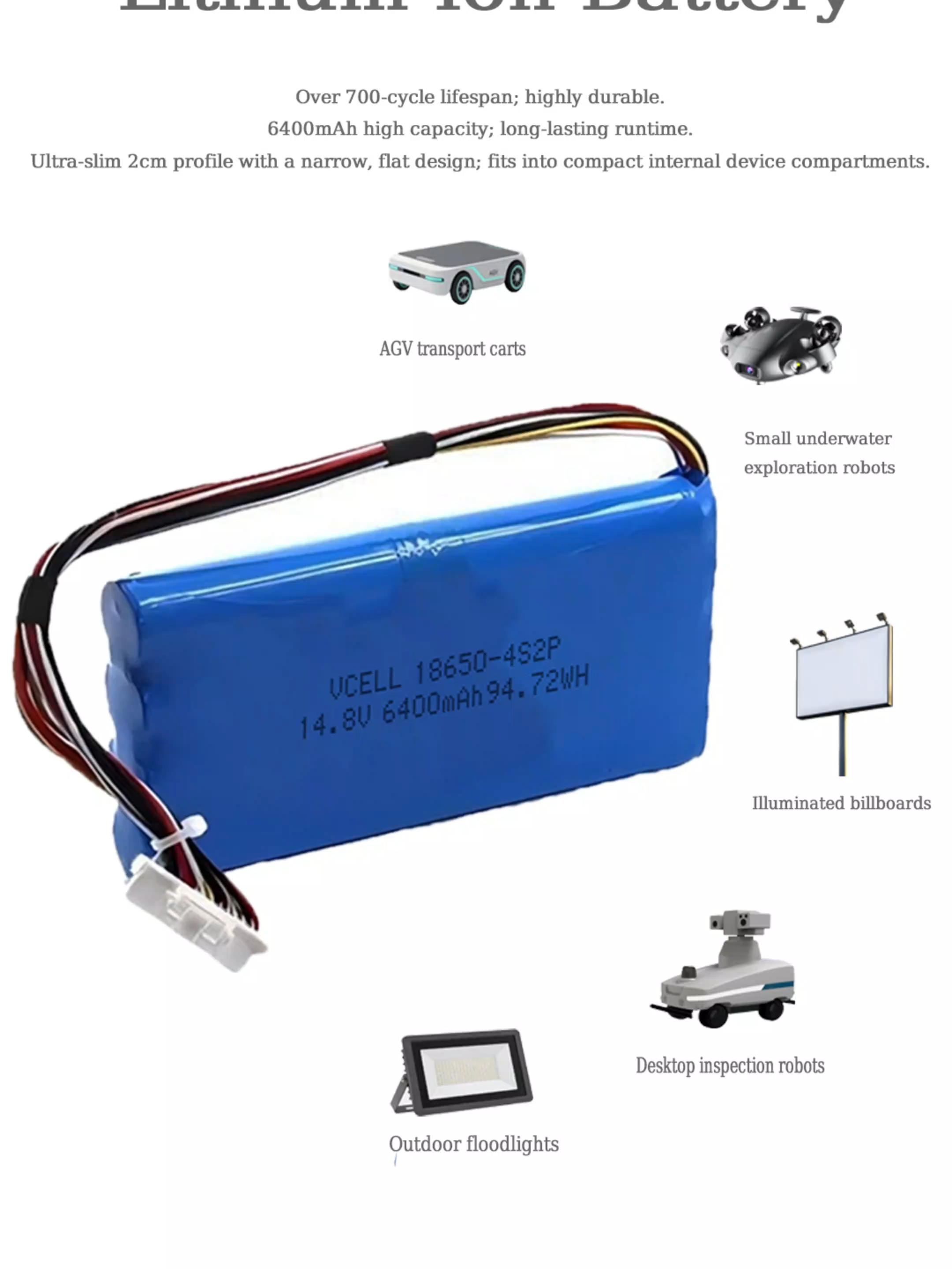 Baterai Lithium-ion 14.8V 5600mAh dengan kinerja stabil, isi ulang, dan kepadatan energi tinggi dengan PCM untuk lampu tenaga surya, E-bike, EV.