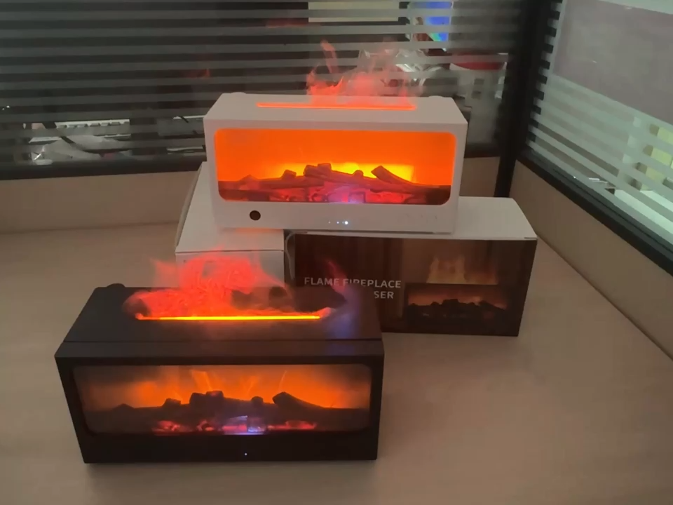 New Arrivals Portable Fireplace Diffuser 200ML Colorful Lights Desktop Timing Simulation Flame Essential Oil Aroma Diffuser