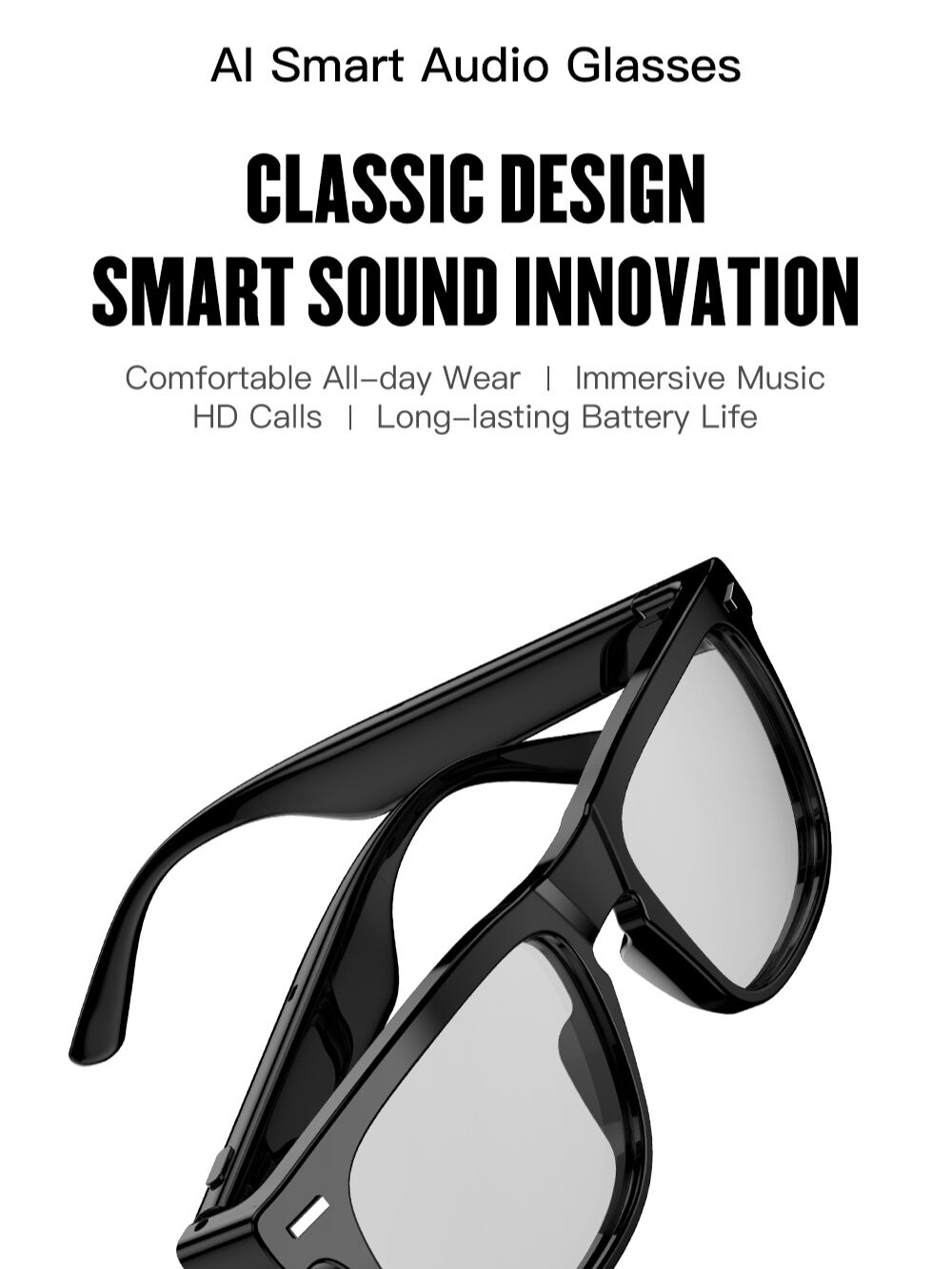 Lunettes Intelligentes de Traduction Bluetooth OEM/ODM, Audio Oreille Ouverte, Appels Vocaux, Microphone ENC, Étanche, Chargement Type-C, Port Quotidien