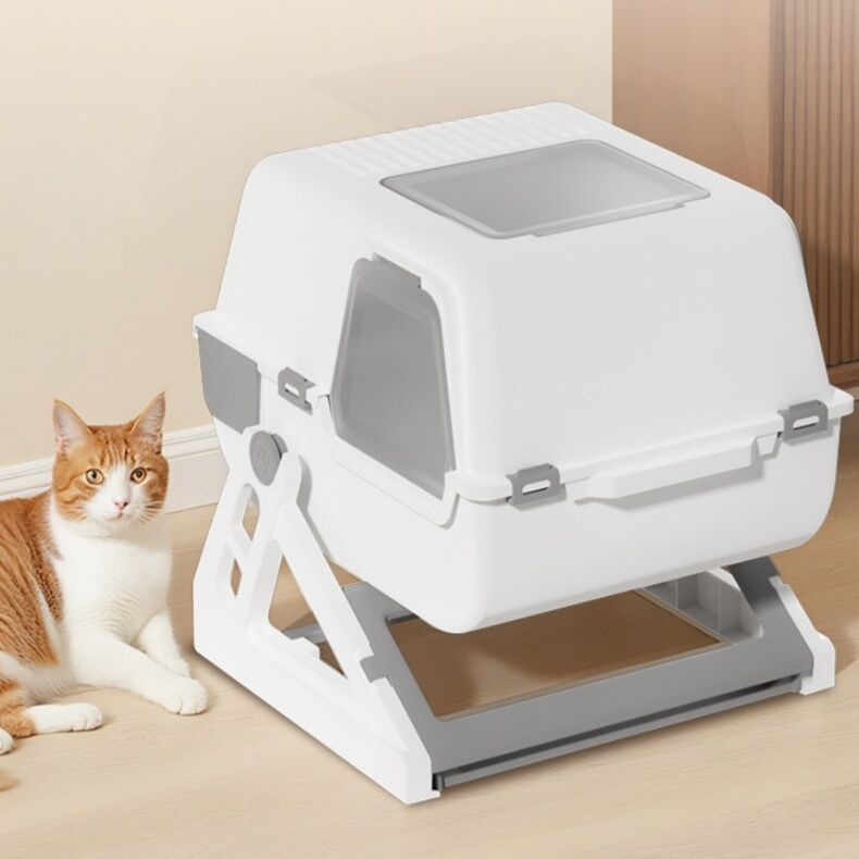 Neue, halbautomatische Katzentoilette, halbgeschlossene Katzentoilette, große Klappe, auslaufsicher, Haustierbedarf für Katzen
