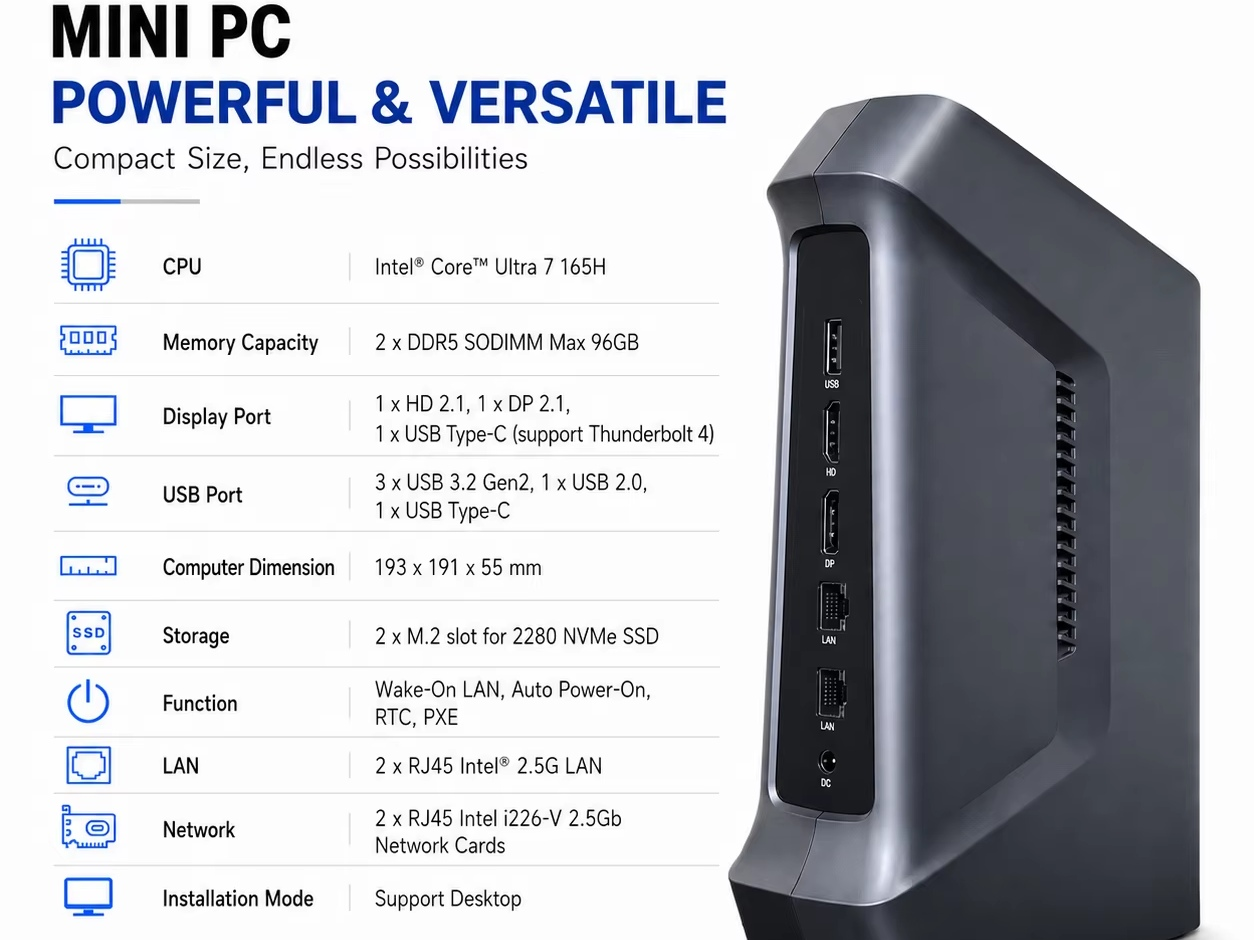 Neuer Intel Core Ultra 7 165H Mini-PC 5.0GHz 16-Kern Desktop DDR5 96GB NVME 2.5G LAN Gaming Office Workstation
