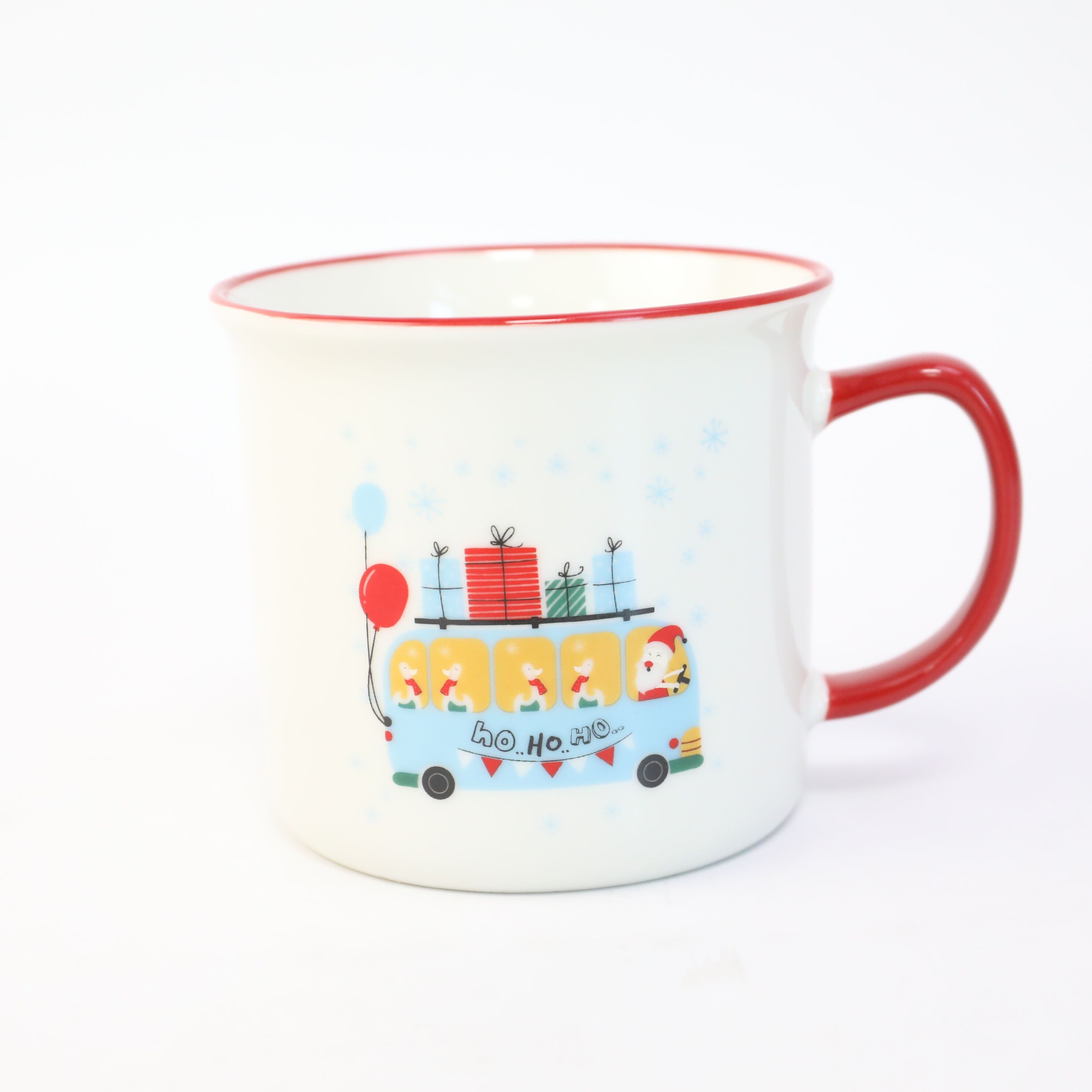 Mug Keramik Cetak Natal untuk Berkemah, Mug Kopi Keramik Kustom Liburan dengan Pelek dan Gagang Merah