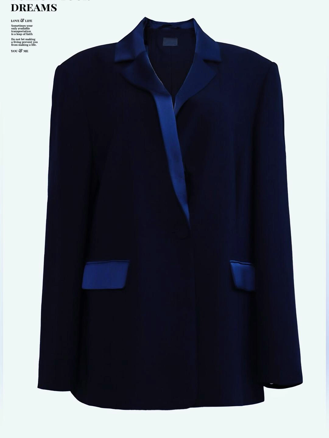 Premium Tailored Midnight Navy Satin-Trim Mulheres Suit Blazer com Single Breast Lapel Collar para Desgaste Formal