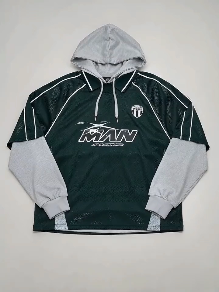 Oversized Mesh Faux Layer Sports Top Hoodie-Breathable Long Sleeve, Effortless Casual Style, 100% Polyester M