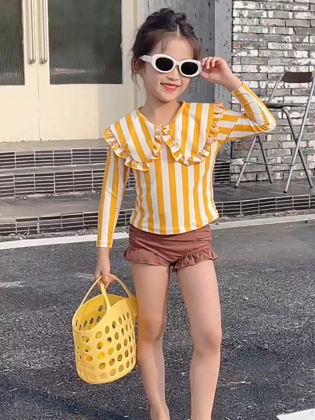 OEM ODM Traje de Baño Infantil con Cremallera, Rayas, Lazo Adorable y Tela Burbuja para Niñas, Ropa de Playa de Manga Larga de Una Pieza