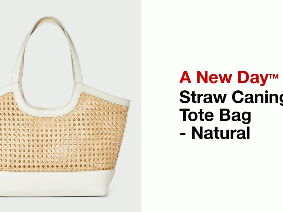 Straw Caning Tote Bag with White Trim-Structured Polyethylene, Open Top, Double Handles, Natural Beach Style