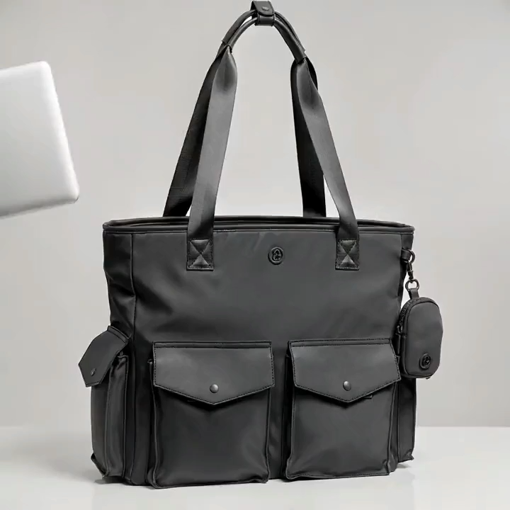 18" Twill Nylon Square Tote with 15" Laptop Sleeve-Add-A-Bag, 4 Exterior Pockets, Detachable Pouches, TSA Bottles