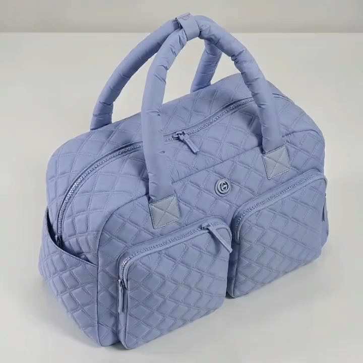 22" Diamond Quilted Duffel Bag with Shoe Pocket-Parachute Nylon, Lightweight, Trolley Sleeve, 4 Pockets, Travel Set