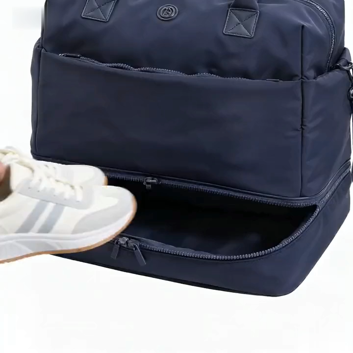 18" Drop Bottom Duffel Bag with Shoe Compartment-Sport Nylon, Trolley Sleeve, Adjustable Strap, 2 Travel Bottles