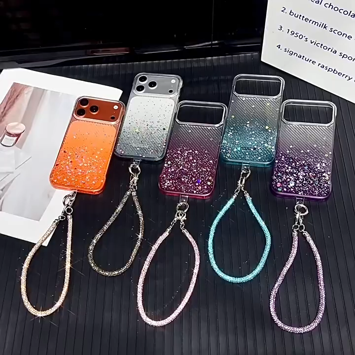 Nouvelle coque de téléphone portable IP17Promax 2025 avec motif amour dégoulinant de paillettes sans bordure, compatible avec bracelet pour modèles 16/15/14. Coque PC.