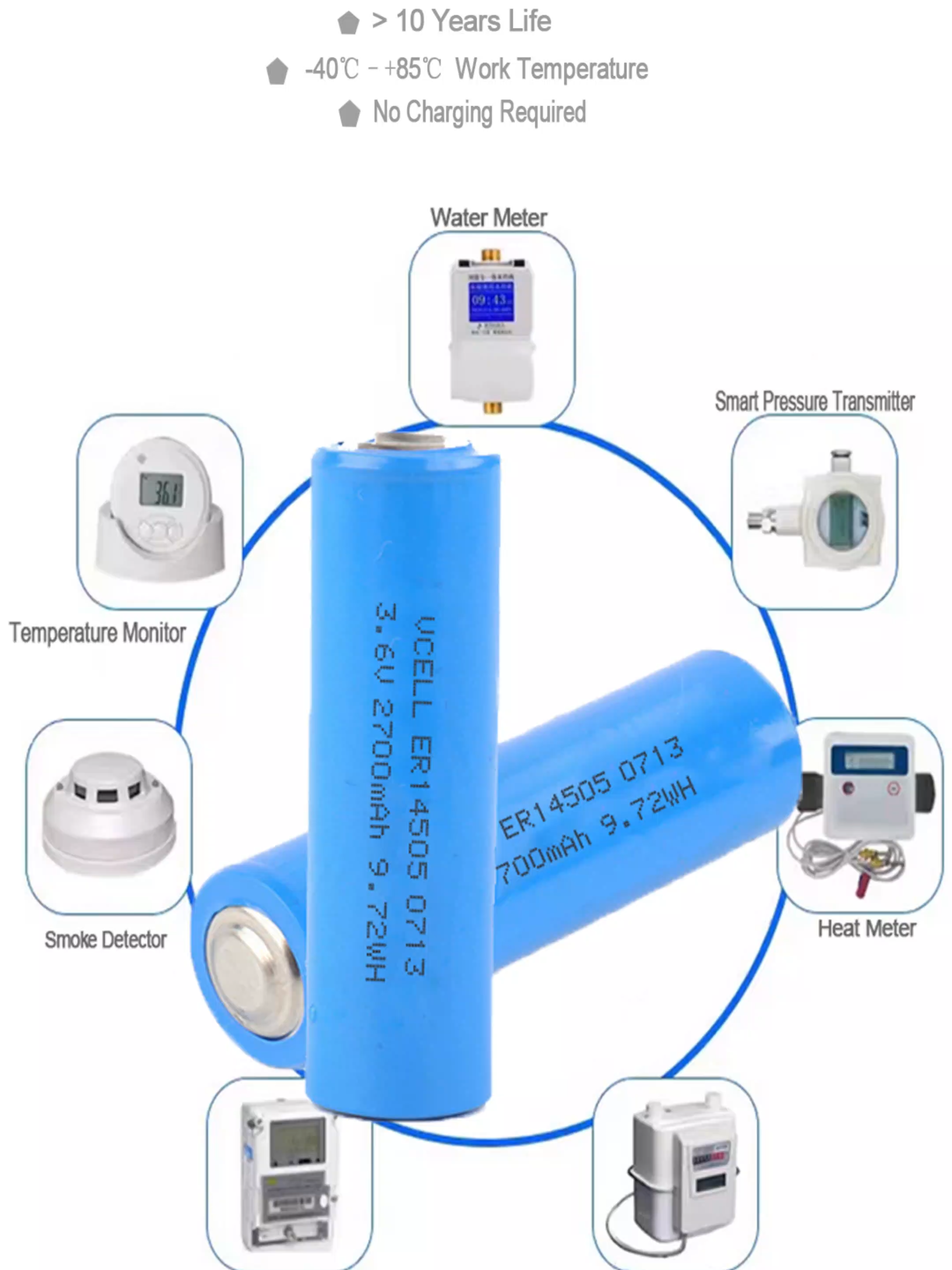 VCELL ER14505HC 3.6V 2700mAh Pile au lithium primaire Li-SOCl2 longue durée pour compteur de gaz, compteur d'eau, dispositif médical, calculatrice