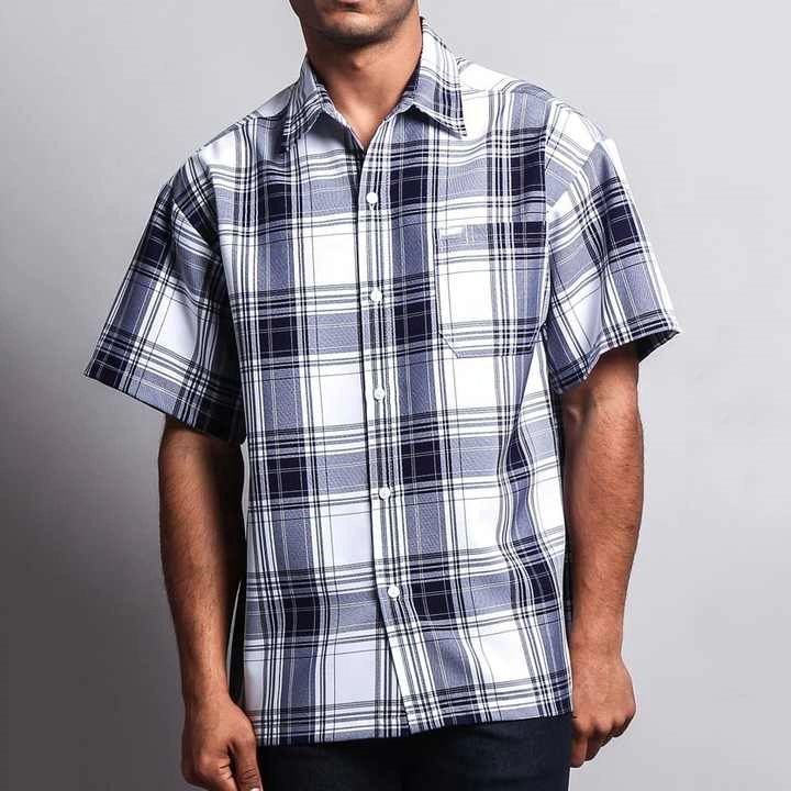 Camisa masculina de manga curta estilo novo, blusa xadrez azul de meia manga masculina tamanho grande, camisa masculina casual com gola lapela