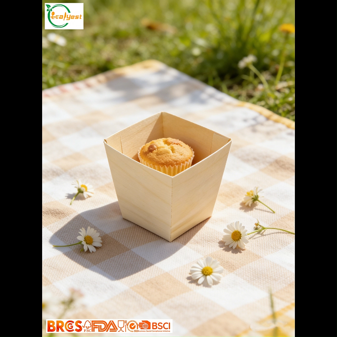 45mm FSC Quadratische Holzbecher | Lebensmittelqualität & Kundenspezifische Verpackung
