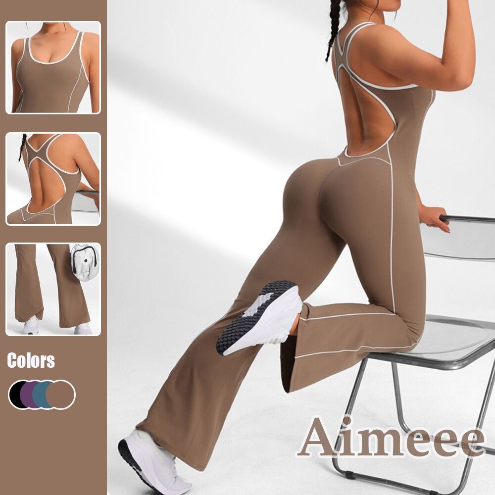 Activewear One Piece Backless Flare Leg Workout Bodysuit Women's Sleeveless Gym Jumpsuit