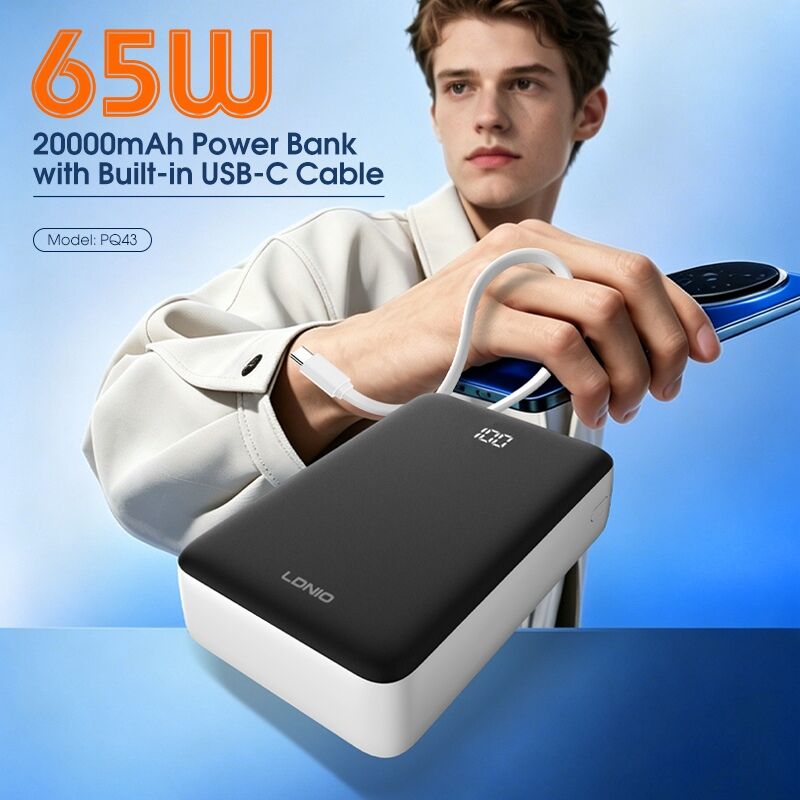 LDNIO PQ43 OEM/ODM Power Bank Portable Charger External Battery 20000mAh 65W Fast Charging Built-in USB-C Cable LED Display