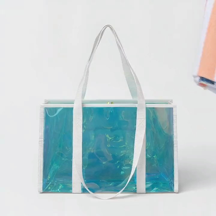 12" Lightweight Beach Tote-TPU Material, Front Pocket, Open Top, Double Shoulder Handles, Spot Clean, Summer Essential