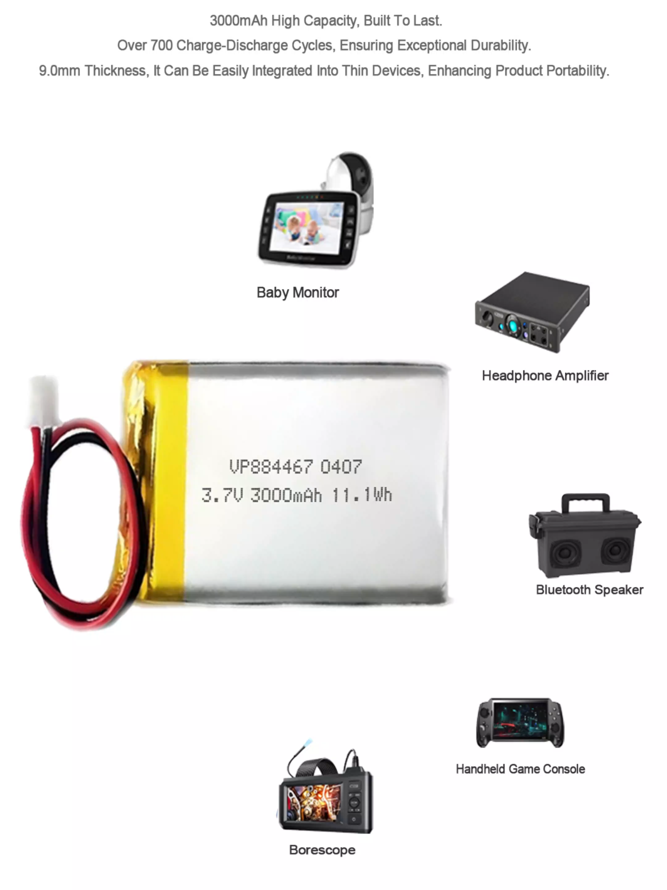Rechargeable Customized Ultra-thin 3.7V 3000mAh Li-Polymer Battery for Smart Watch Fitness Tracker