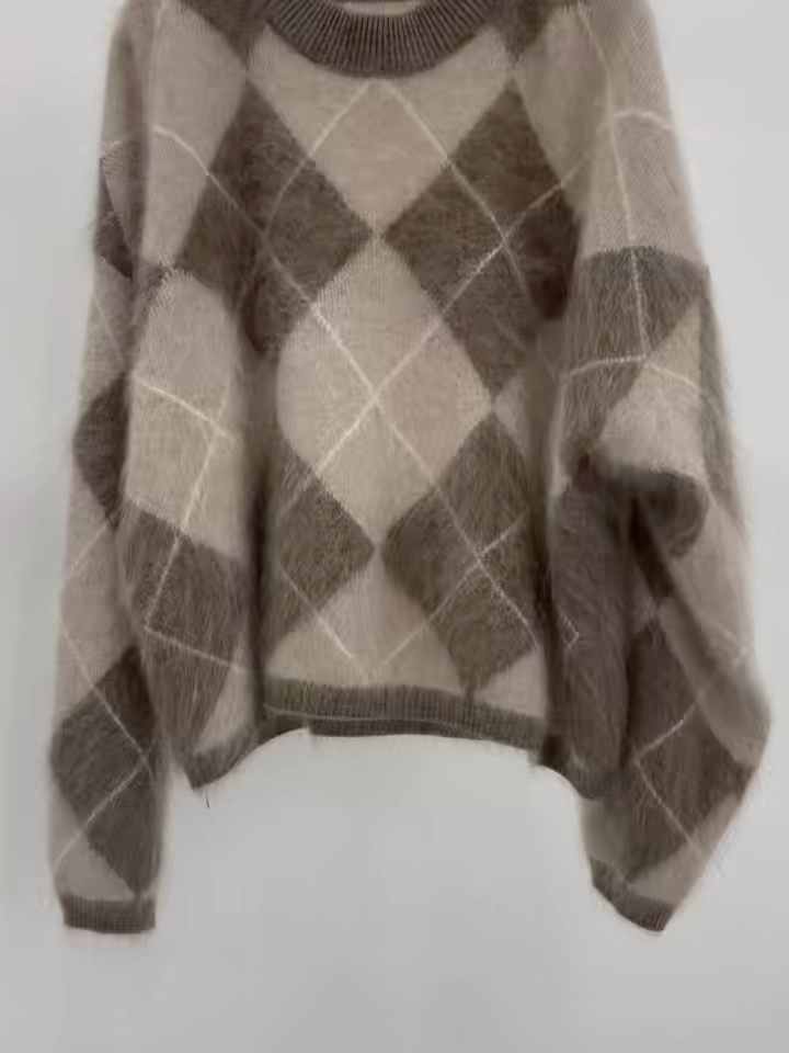 OEM ODM Custom Western Cowboy Brown Tone Patchwork Stripe Jacquard Oversized Women Crew Neck Sweater