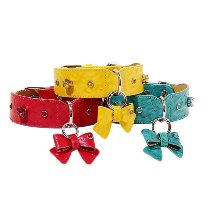Collar de Lujo para Perro de Cuero Genuino con Pajarita y Diamantes - Collar de Calidad para Gato a Todo Color Personalizable - Suministro para Mascotas para Perros y Gatos