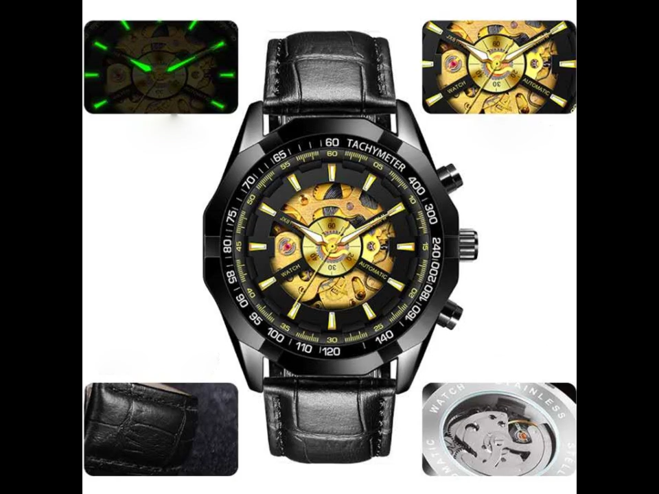 Automatic Mechanical Watch Waterproof Luminous Double-Sided Cut 22mm Stainless Steel Band Glass Dial Window
