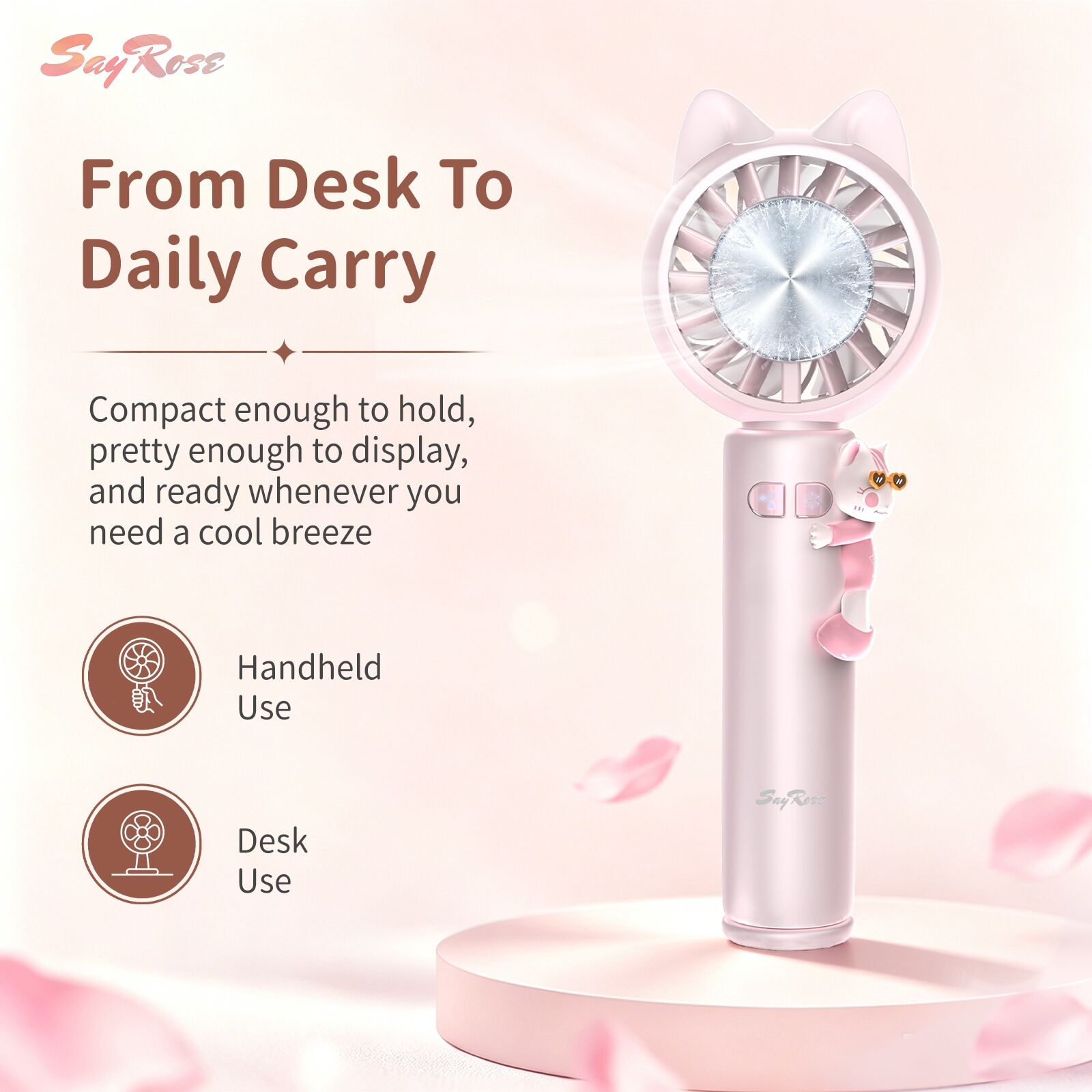 Ventilateur Pliable Mini "Rose Pet Ice Cool" FS-52 avec Oreilles de Chat Lumineuses pour Aventures en Plein Air