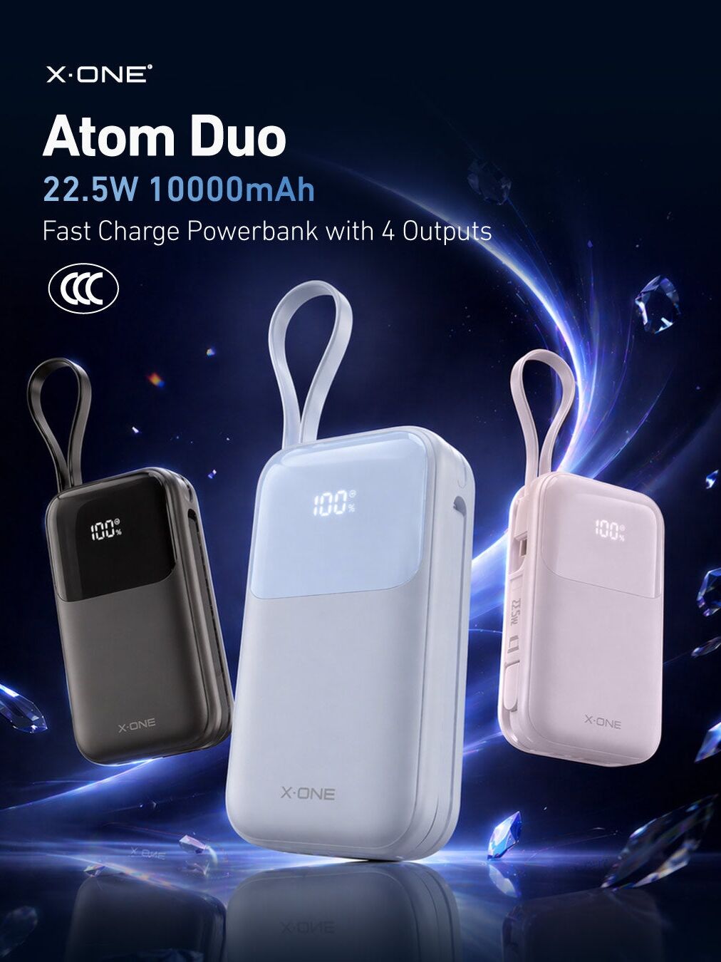 X-ONE New 10000mAH With 2 Buit In Cable and 4 Outputs Power Bank Atom Duo 22.5W Fast Charging