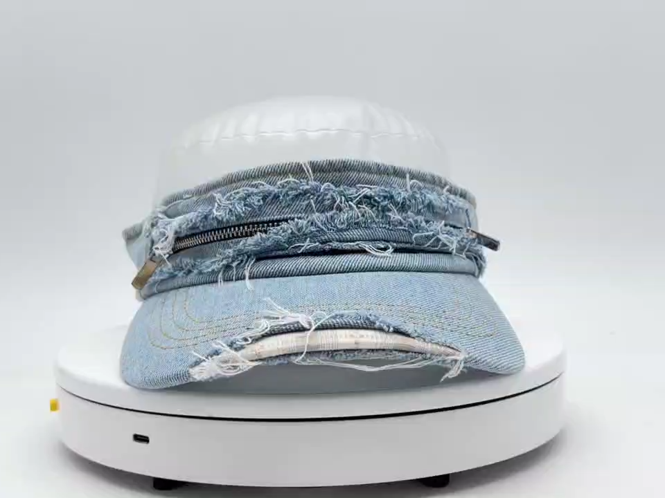 Custom Distressed Denim Visor with Zipper Detail Deconstructed Streetwear Frayed Edge Sun Hat | Private Label Punk Style Headwear