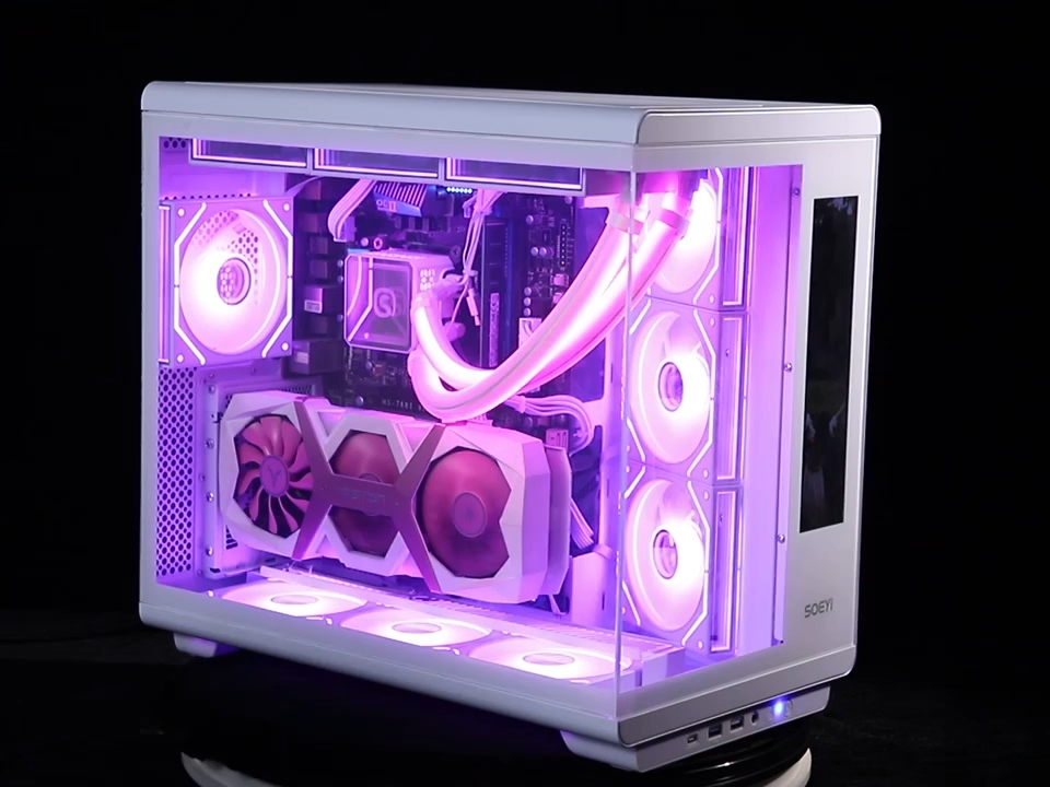 SOEYI Computer PC Case ATX Tempered Glass 360mm Water Cooler Gaming Case Digital Display Screen PC Casing