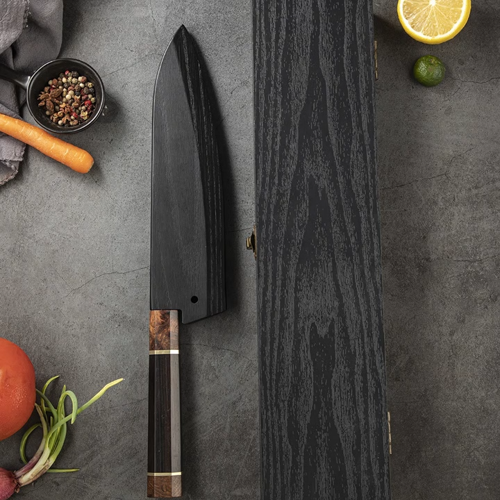 Nuevo Profesional elegante Damasco cuchillo de cocina conjunto cuchillas de acero inoxidable llamador marrón grano de madera maneja ambidiestro