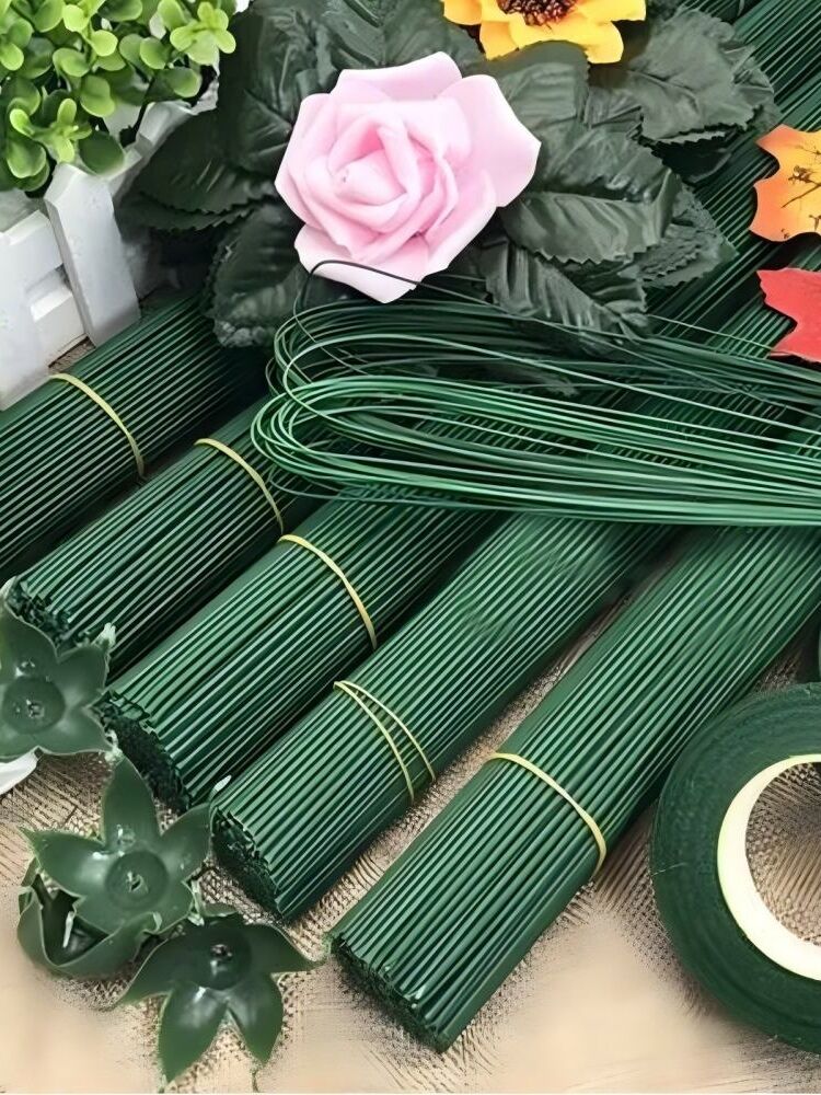 Tige de Fil Floral en Plastique pour Fleur Artificielle, Tige de Fil Floral en Soie Verte avec Feuilles