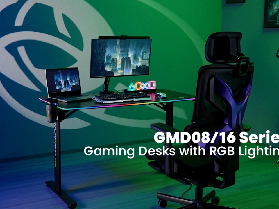 GMD16-5 Wholesale Z Shaped RGB Gaming Desk With LED Edge Lighting Computer Gaming Table Stable Rgb Lights Desktop Gaming Setup