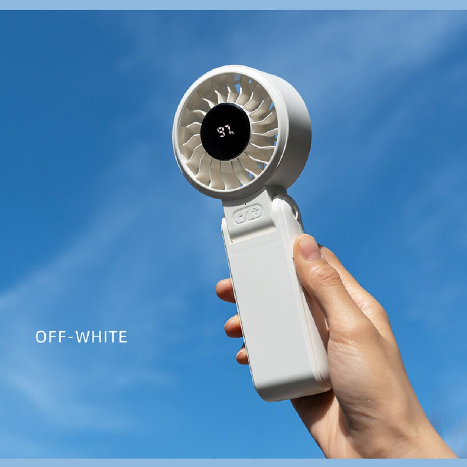 Tragbarer Mini-Ventilator mit neuem Design und Handyhalterung, digitaler Desktop-Anzeige, USB-wiederaufladbar, zum Umhängen und für den Handgebrauch im Freien