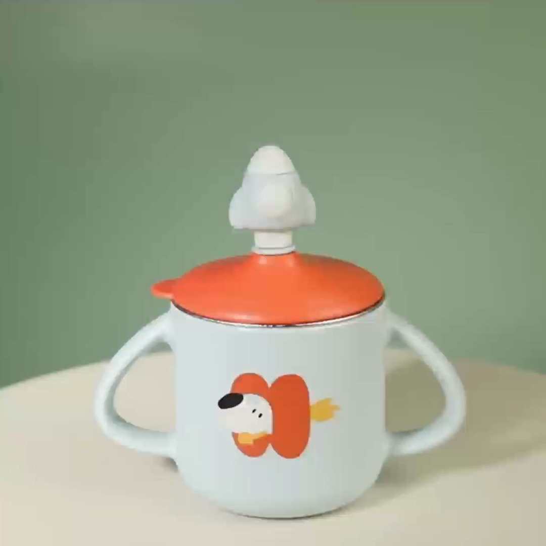 Taza de leche para bebé, taza de entrenamiento, taza de leche binaural para bebé, taza de paja de dibujos animados, PP de calidad alimentaria