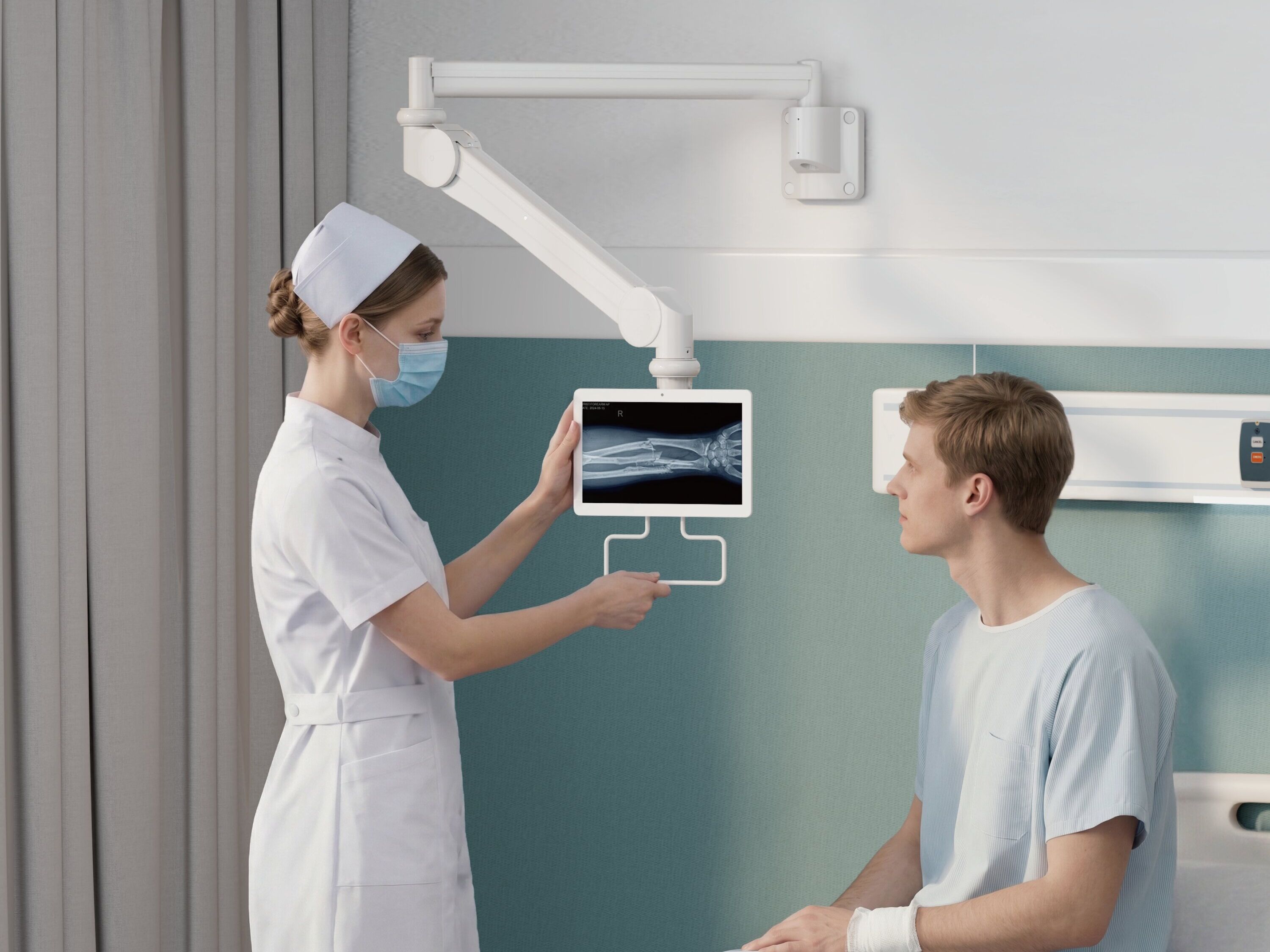 MED12-1 Adjustable Medical Wall Mounted Monitor Arm 487mm Height Range Foldable Extending Medical Screen Arm