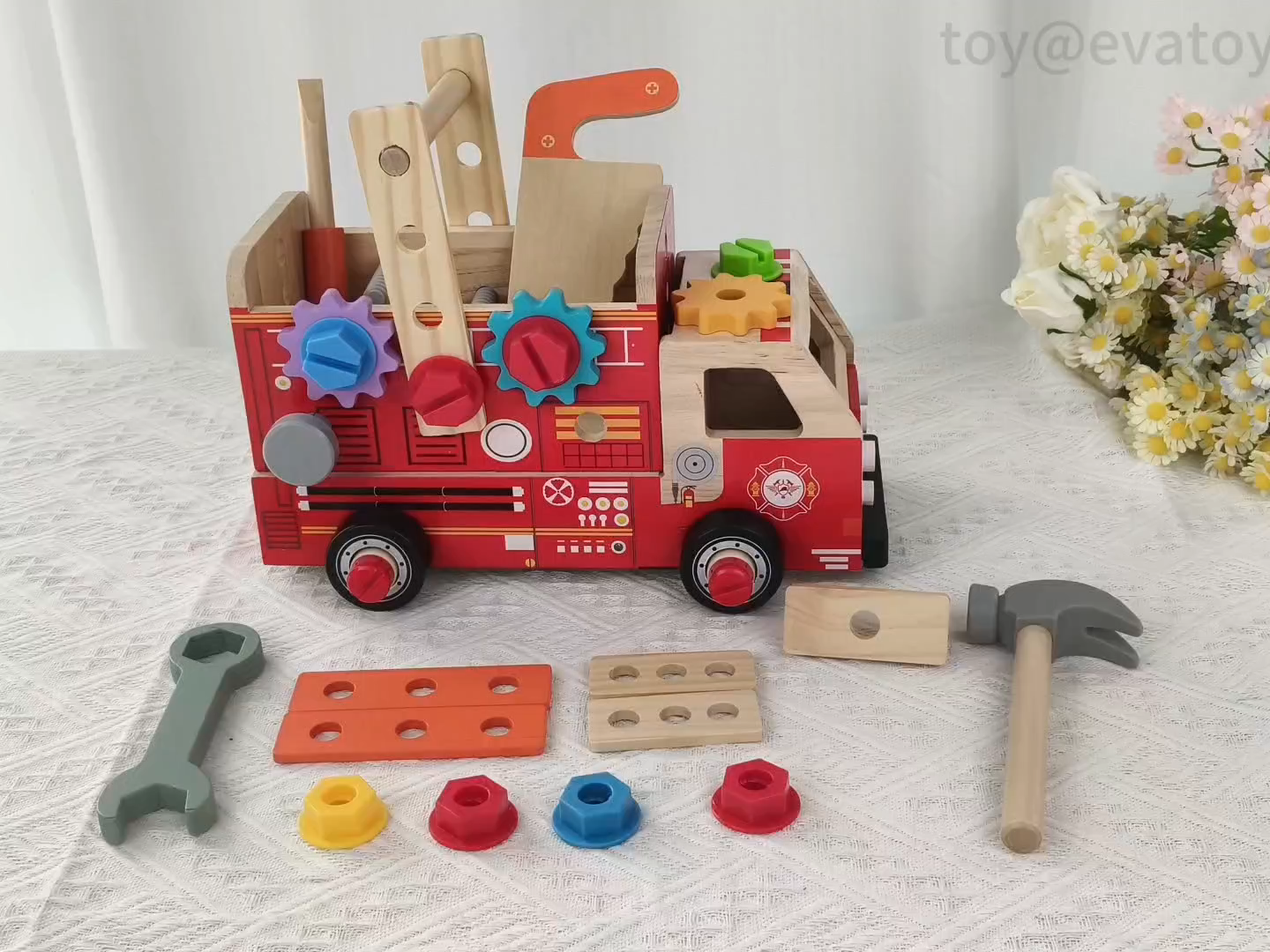 Ensemble de véhicule d'urgence en bois interactif-Voiture de police, camion de pompiers et ambulance avec réaliste pour les tout-petits W04A682