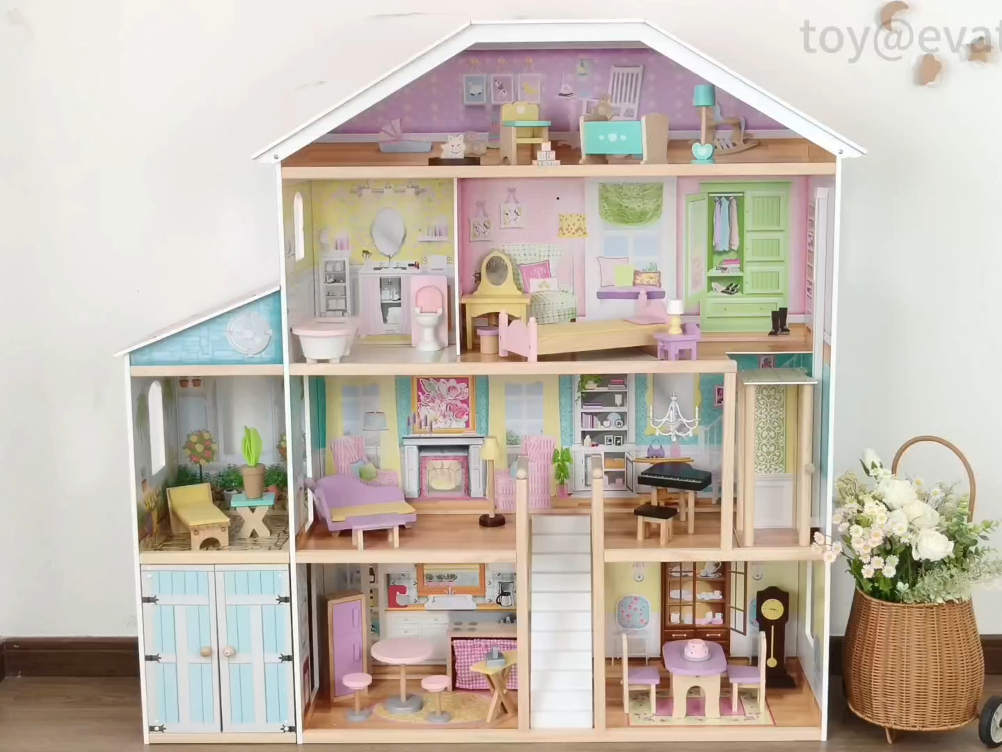 Casa de muñecas de madera de 3 pisos con muebles, Montessori Pretend Play Doll House con escaleras Balcón Skylight, para regalo de juguete W06A716