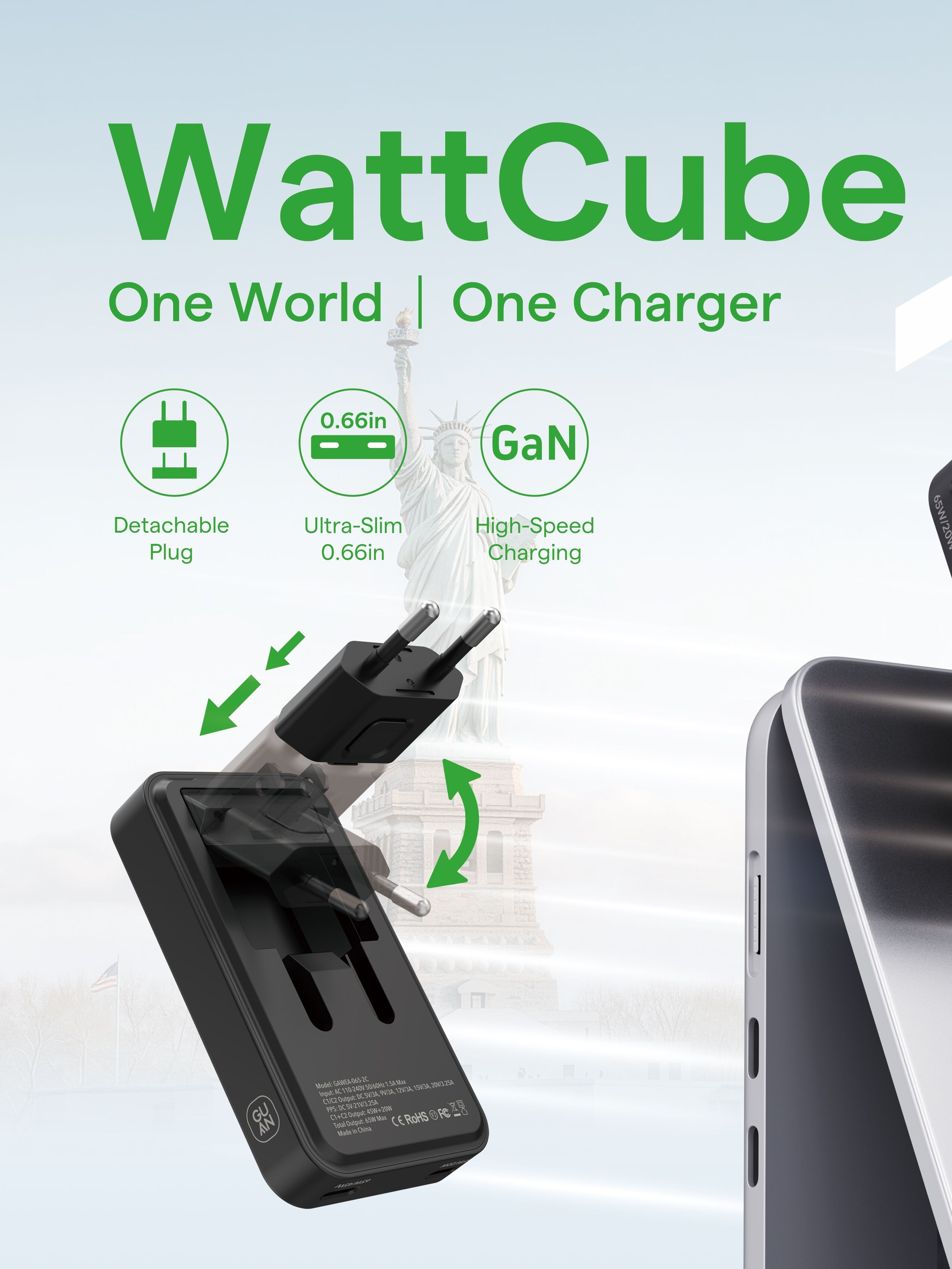 Adaptador de Viaje Compacto 65W GaN Desmontable y Plegable para iPhone y Portátiles - Cargador de Pared Nuevo Lanzamiento 2026