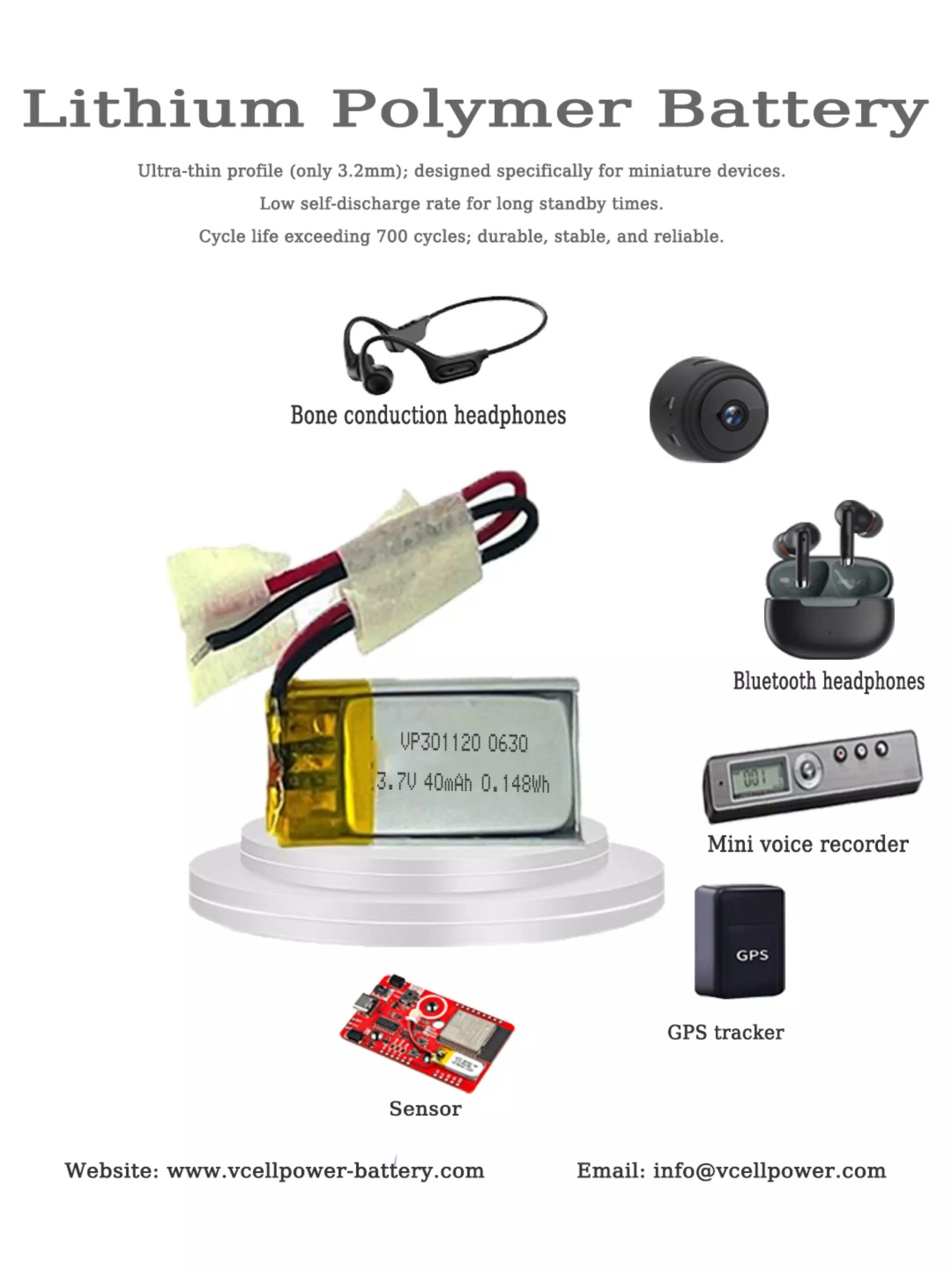 VCELL/OEM VP401015 Batería de Polímero de Litio de 3.7V 40mAh para GPS, Smartwatches, POS y Dispositivos Digitales